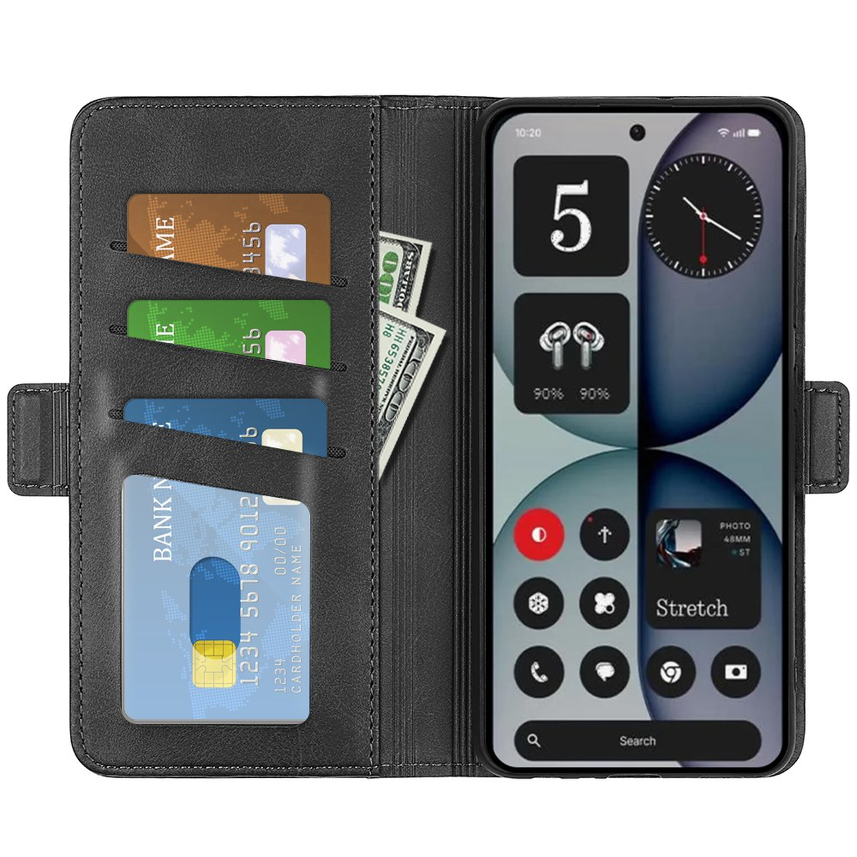 Zwarte portemonnee telefoonhoes met kaartsleuven en contant geld links, smartphone met widgets rechts.