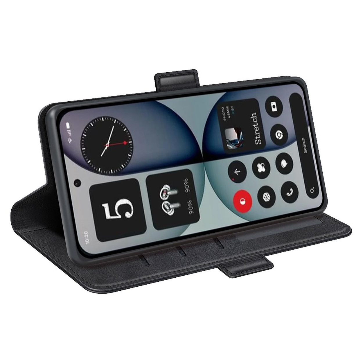 Zwarte smartphone met geopende hoes met diverse app-widgets op het scherm.