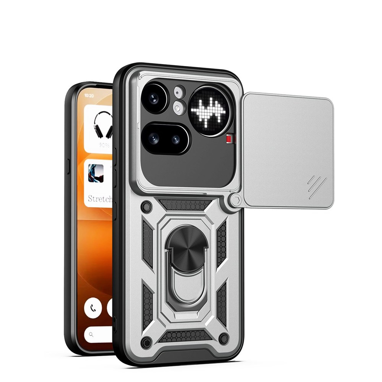Een zilveren telefoonhoes met stoer rugontwerp en cameralenskap.