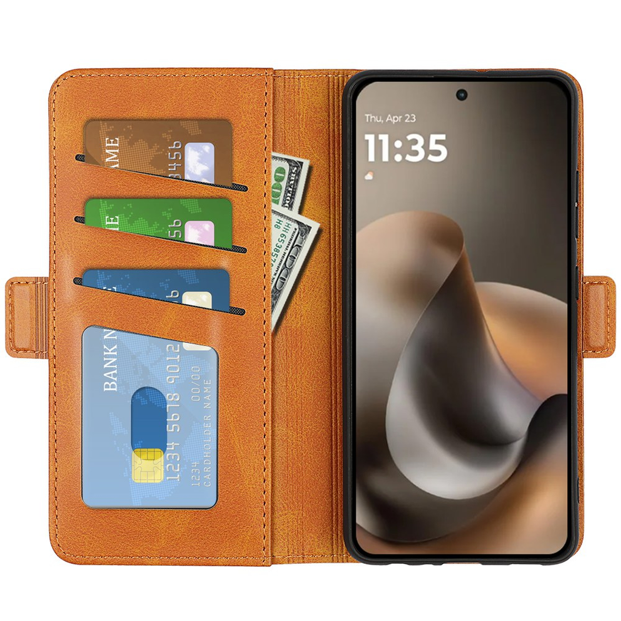Braune Leder-Wallet-Hülle mit Handy, Kreditkarten und Bargeld. Uhrzeit 11:35.