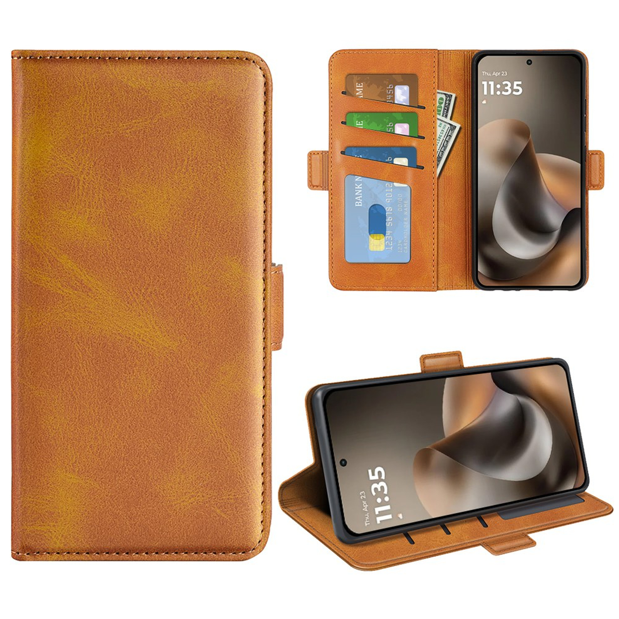 Braunes Leder-Smartphone-Etui mit Kartenfächern und Geldscheinen.