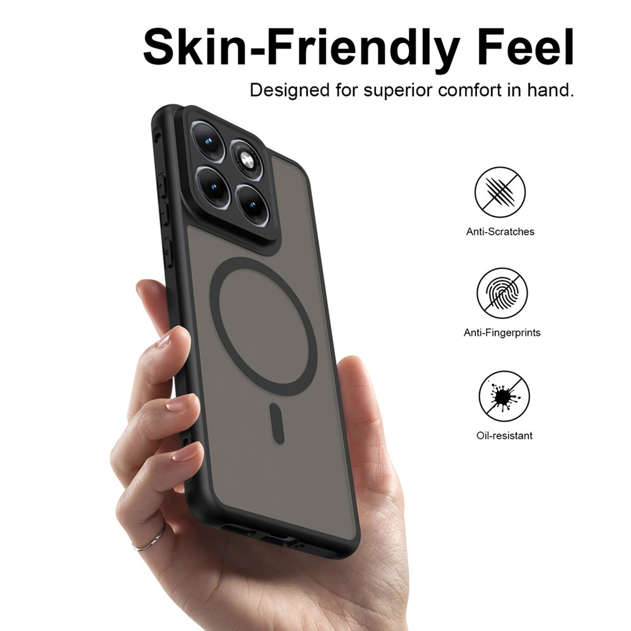 Hand met telefoonhoesje. Kenmerken: Krasbestendig, Vingerafdrukbestendig, Oliebestendig.