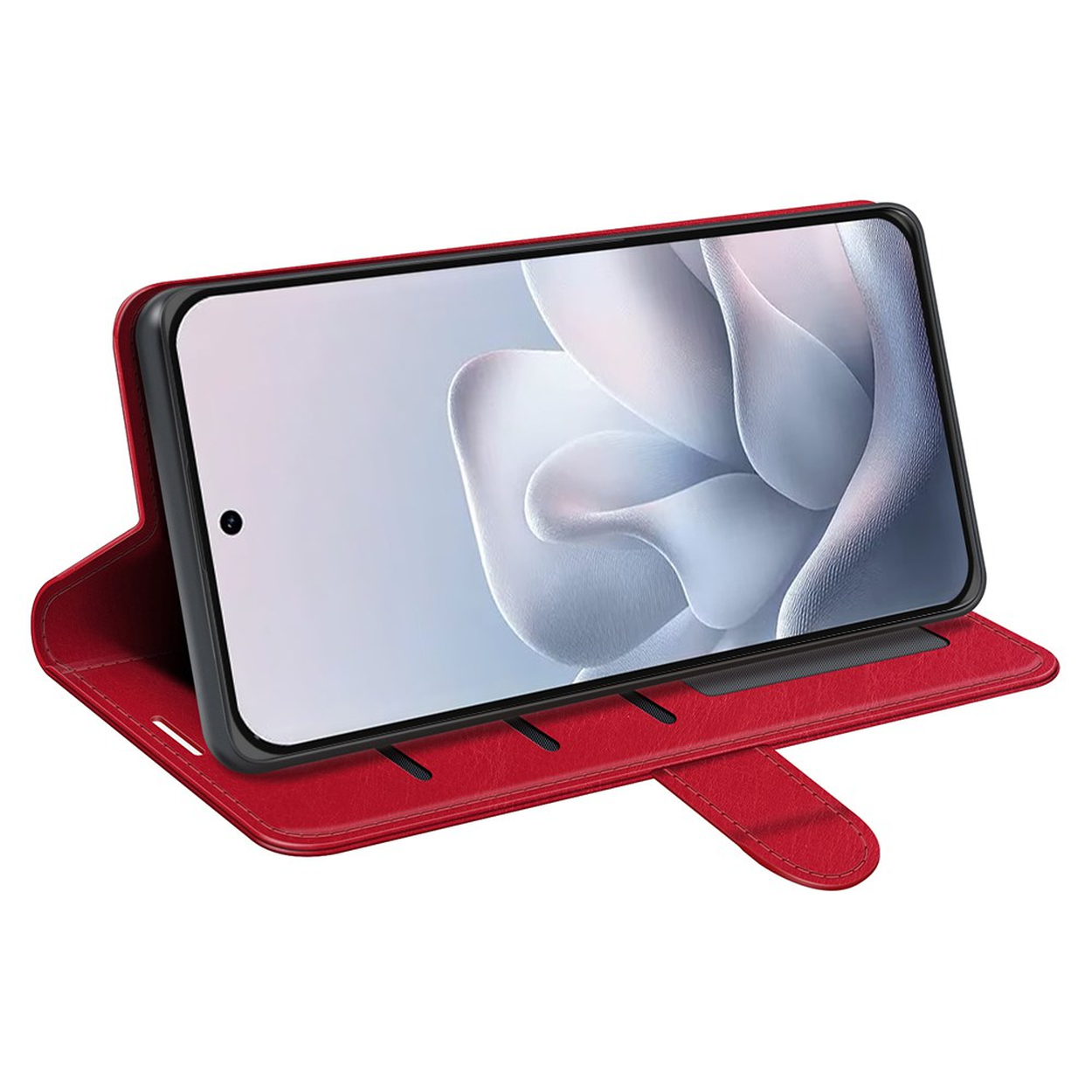 Rode smartphone flipcase met smartphone en abstracte achtergrond.