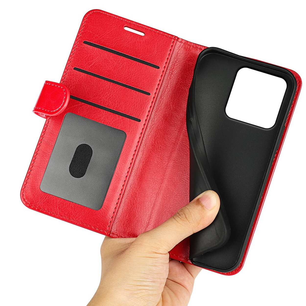 Rode lederen portemonnee hoes met kaartsleuven en telefoonhouder, door hand vastgehouden.