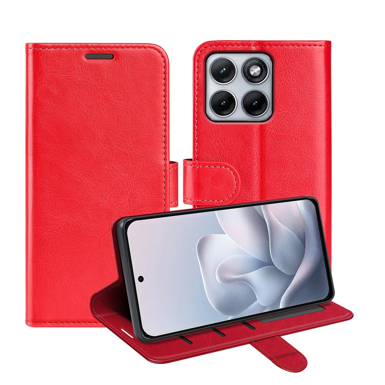 Rode telefoonhoes met vier camera's en open scherm.
