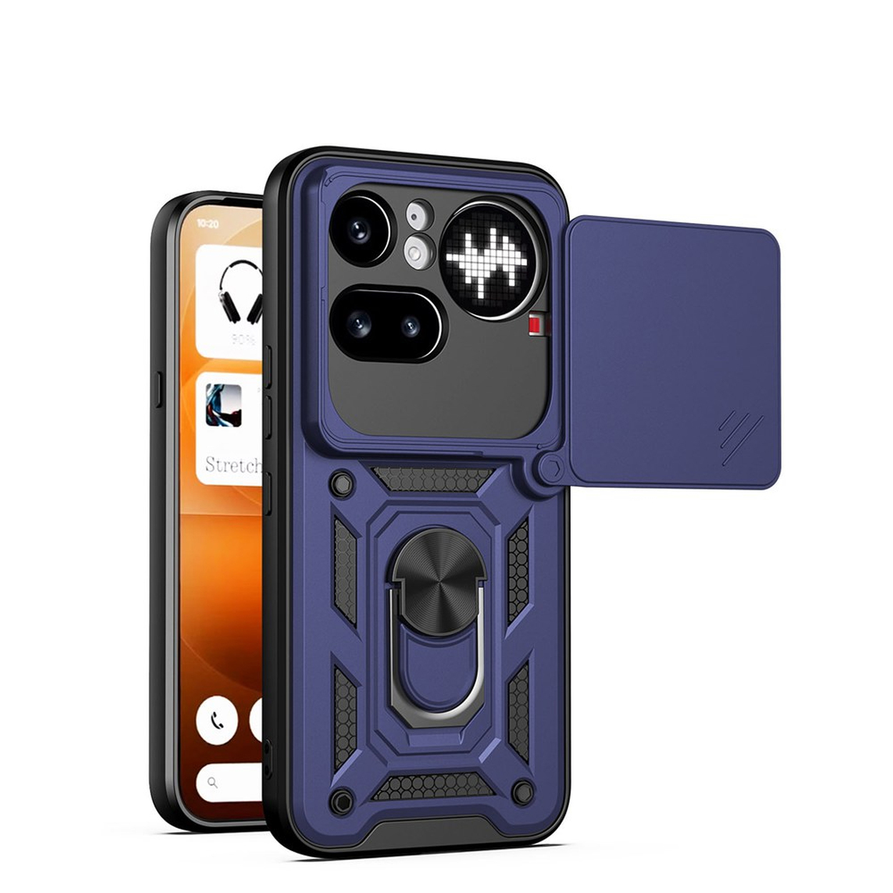 Coque de téléphone bleu foncé avec support bague et cache coulissant pour objectif.