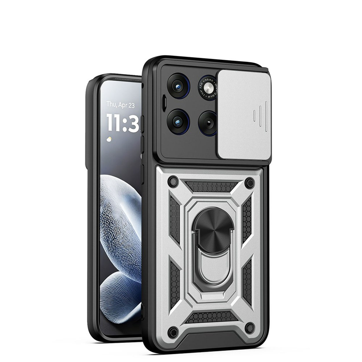 Une coque de téléphone noire et argentée avec cache-objectif et support anneau.