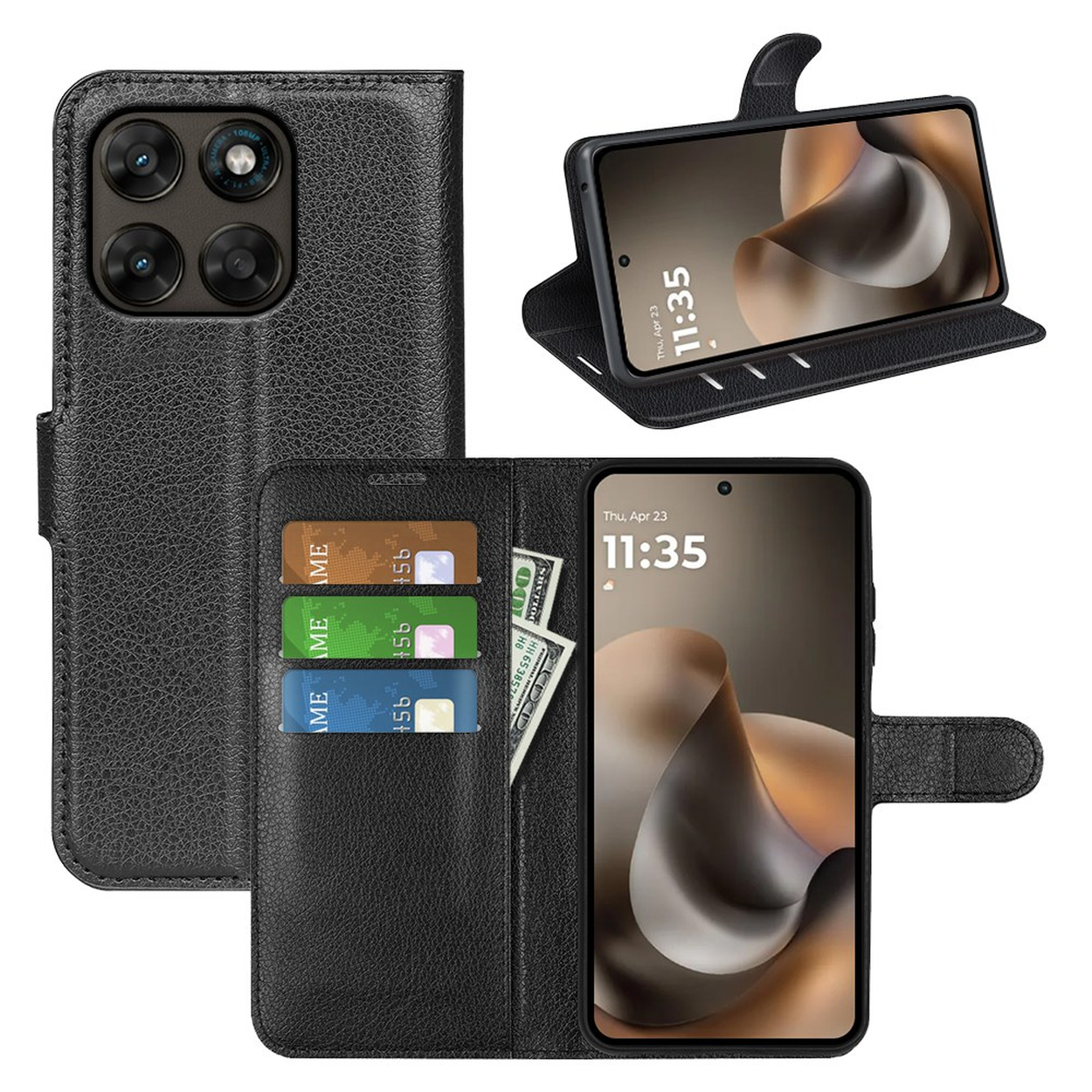 Étui portefeuille en cuir noir avec fentes pour cartes et argent, montrant un smartphone.