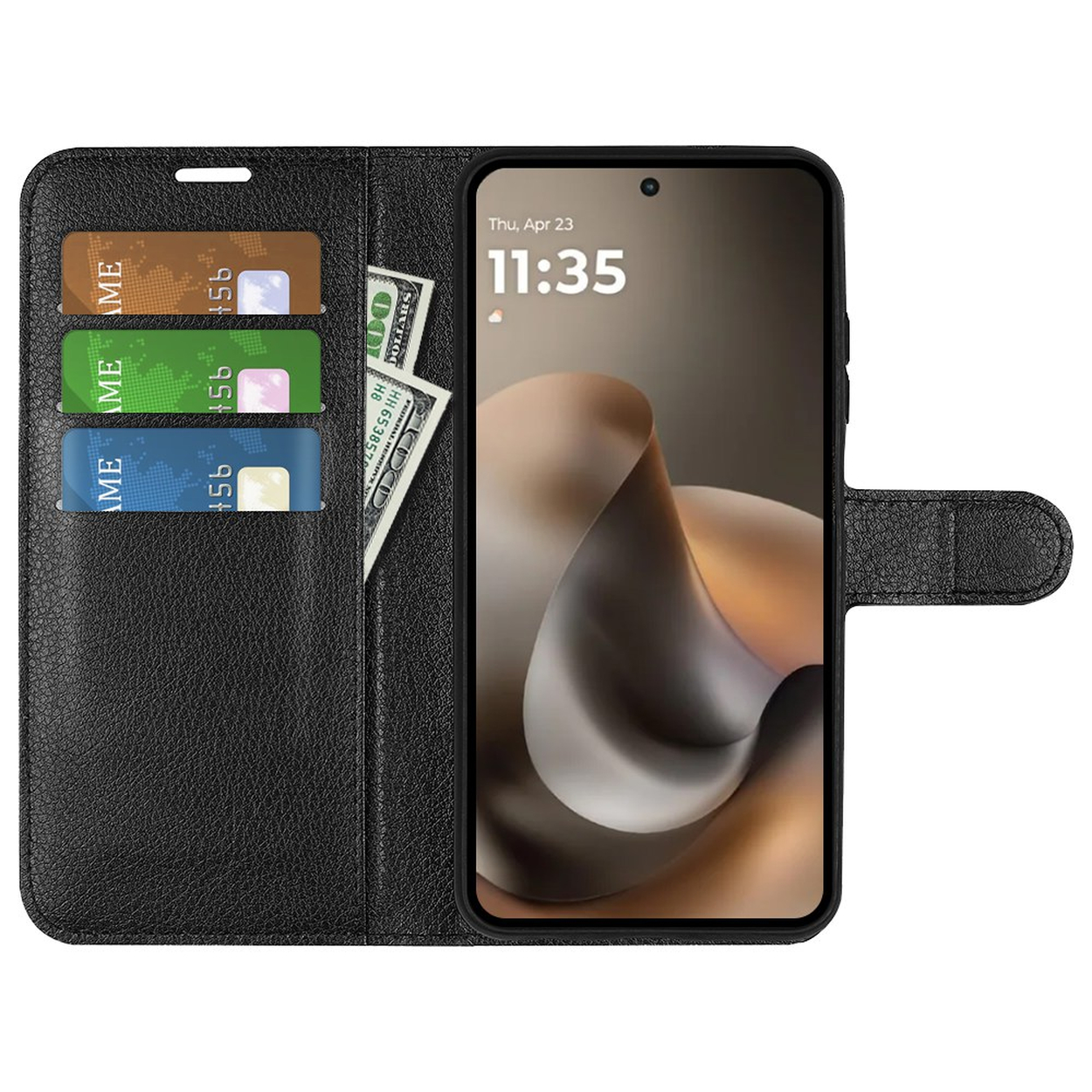 Un étui portefeuille en cuir noir contient trois cartes et de l'argent. Un téléphone affiche 11:35.