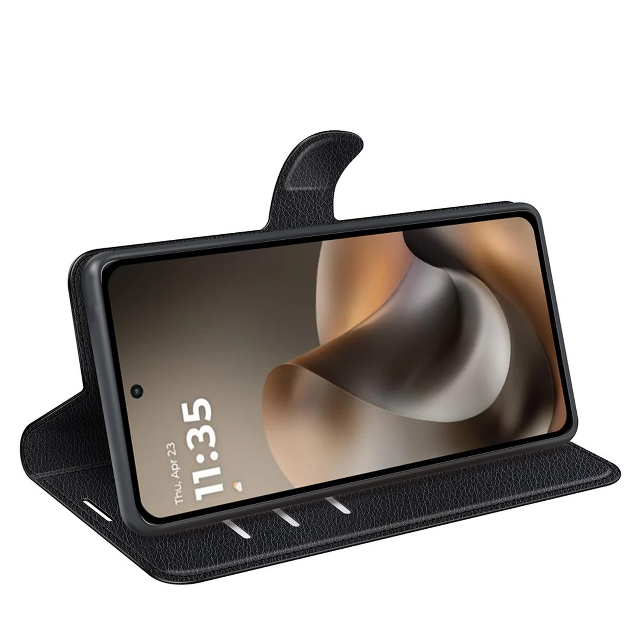 Étui de téléphone texturé noir ouvert, montrant l'écran du téléphone avec l'heure 11:35.