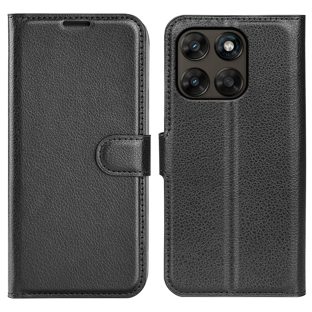 Étui à rabat en cuir noir pour smartphone avec découpe caméra.