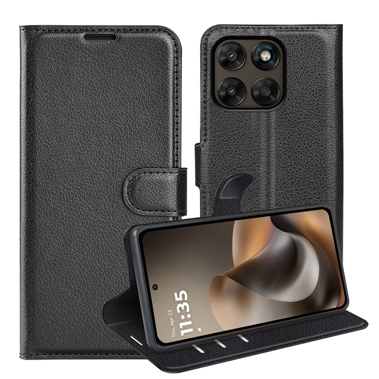 Étui de téléphone en cuir noir avec téléphone affichant 11h35. Quad caméra visible.