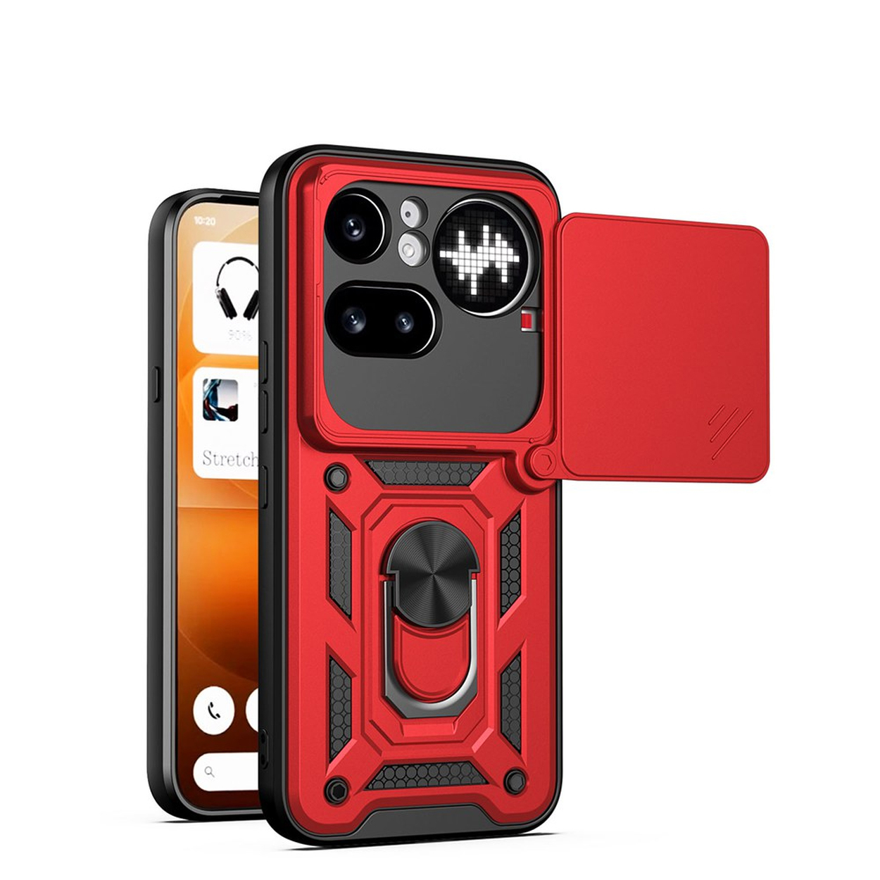 Rode telefoonhoes met camerabescherming en ringhouder, op witte achtergrond.