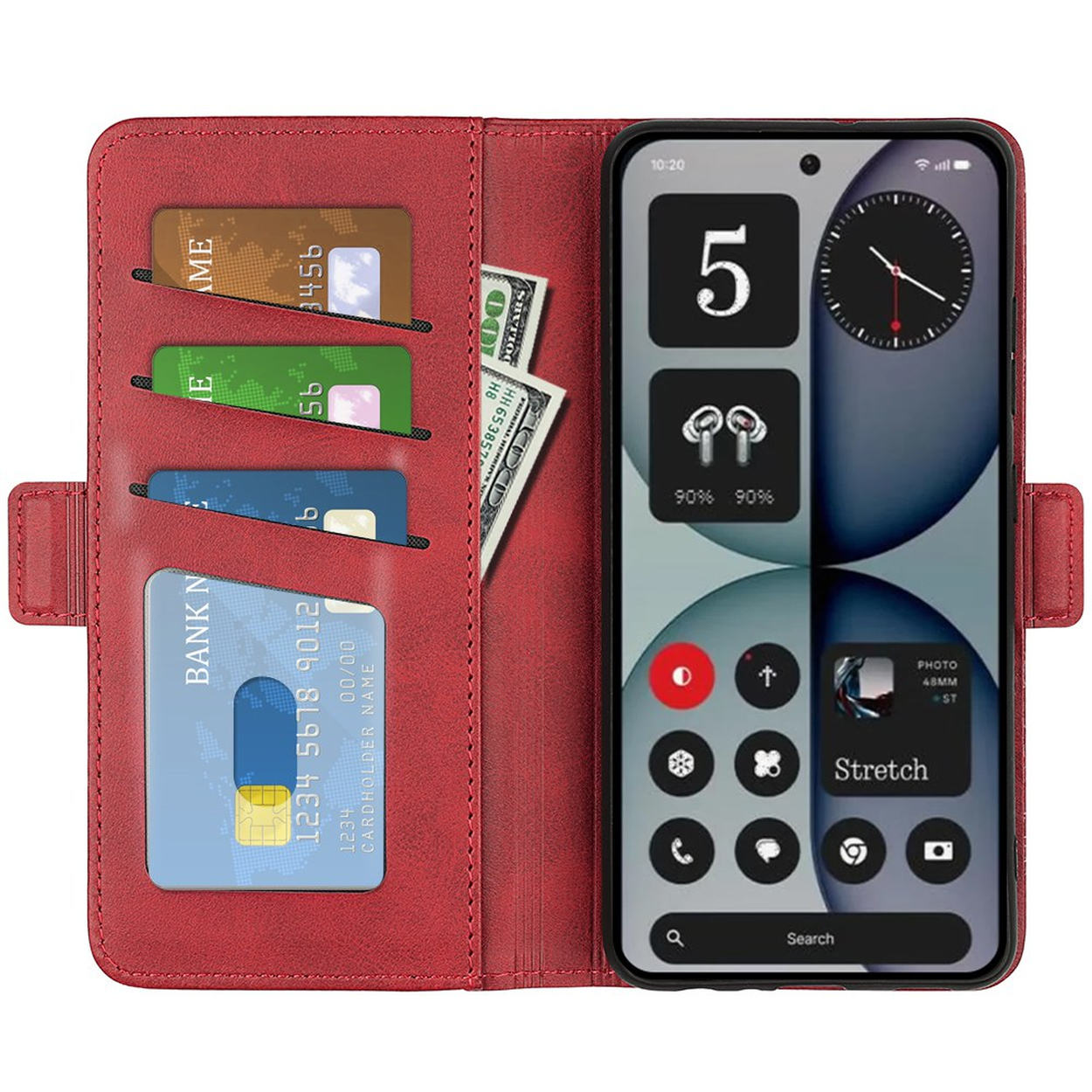 Rode telefoonhoes met kaarthouders, bankbiljetten en een smartphone met widgets.