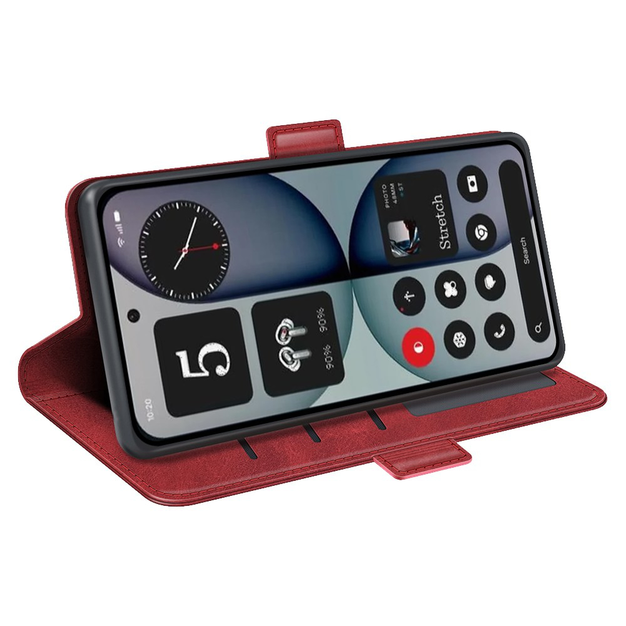 Rode telefoonhoes met open klep, smartphone toont widgets.