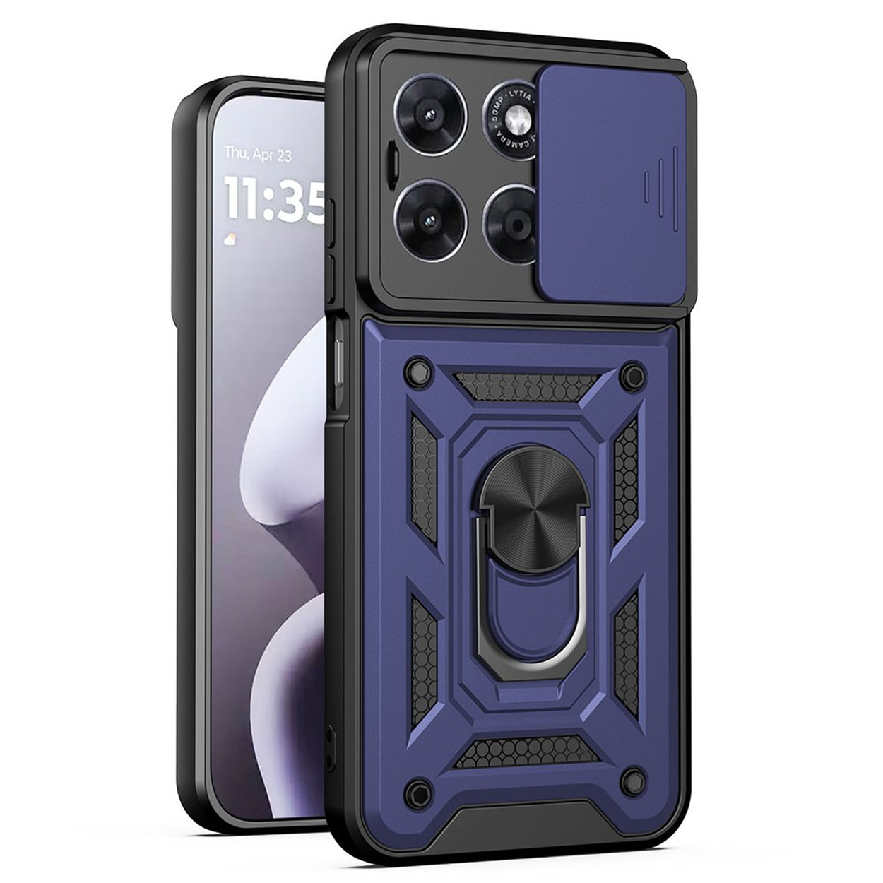 Une coque de téléphone robuste bleue et noire avec cache-objectif et support anneau.