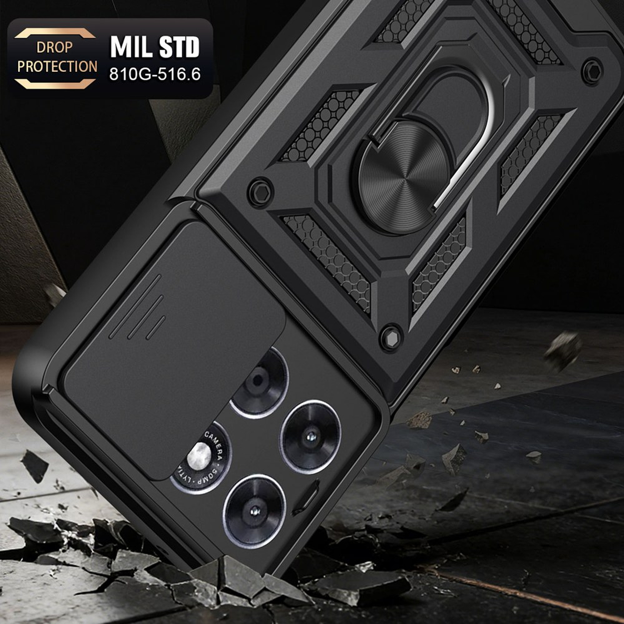 Coque de téléphone noire avec cache-objectif, support bague, MIL STD 810G.