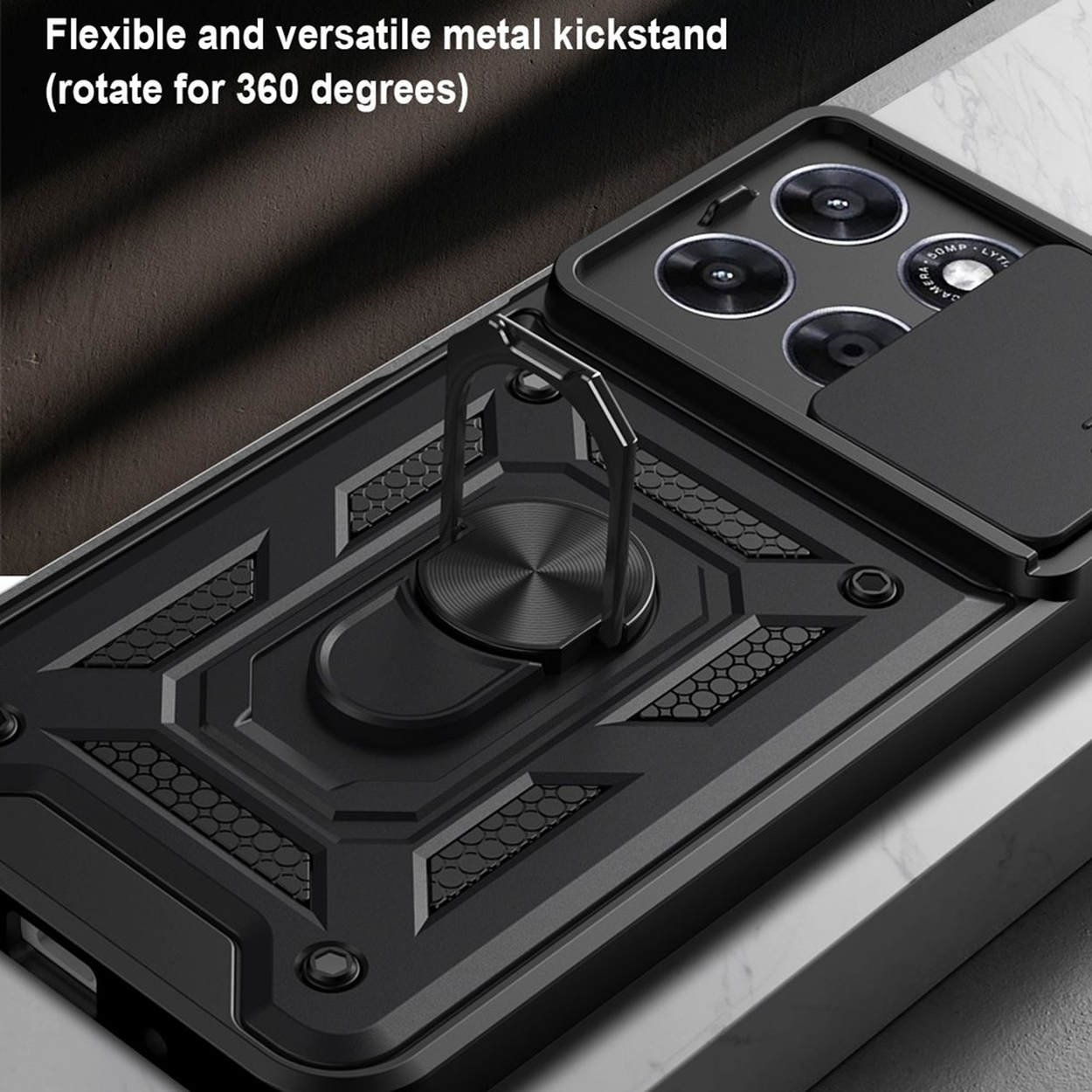 Coque de téléphone noire avec support anneau et béquille à 360 degrés.
