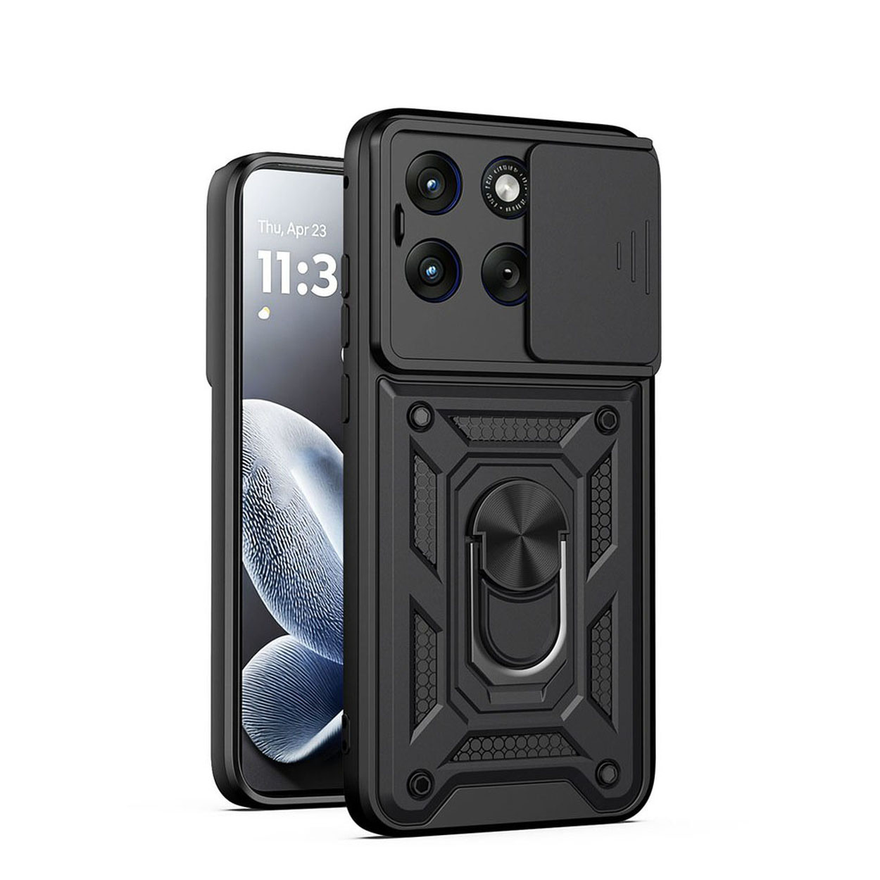 Coque de téléphone noire avec cache-objectif et support bague sur un téléphone.