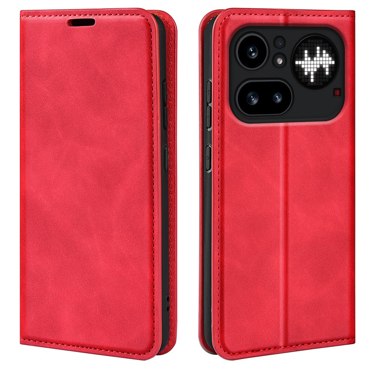Coque de téléphone rouge ouverte montrant les caméras et un écran lumineux.