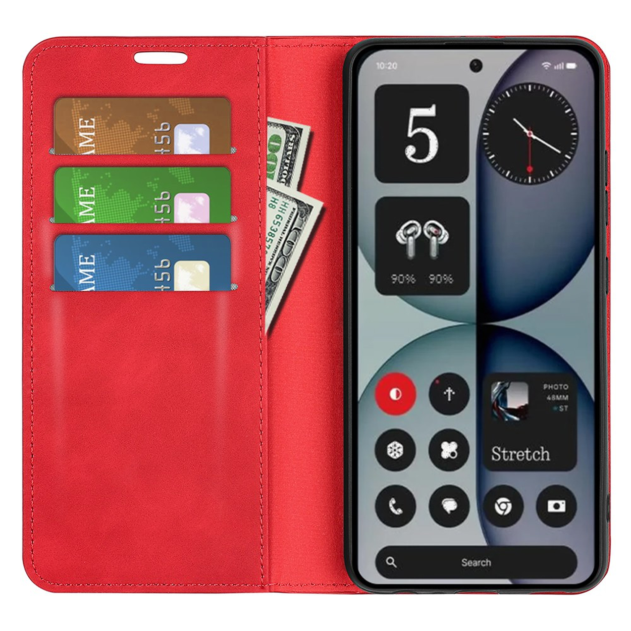 Étui portefeuille rouge avec cartes de crédit et espèces, ouvert sur l'écran du smartphone.