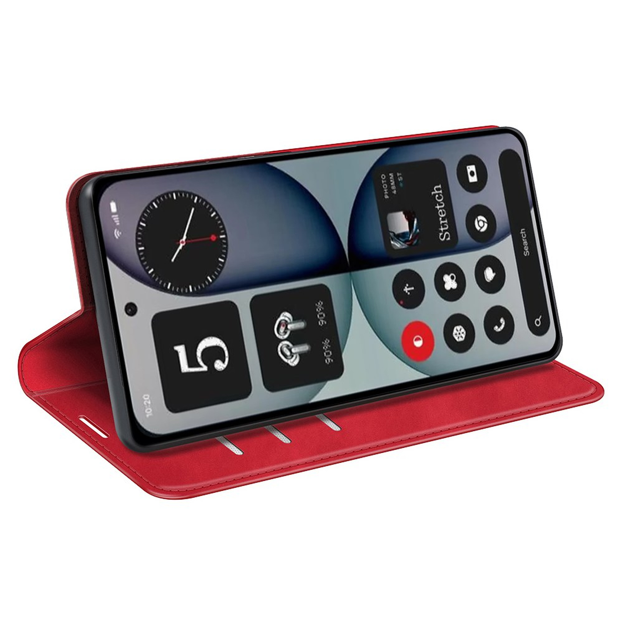 Un étui de téléphone rouge tient un smartphone affichant des widgets comme une horloge, une batterie et des icônes.
