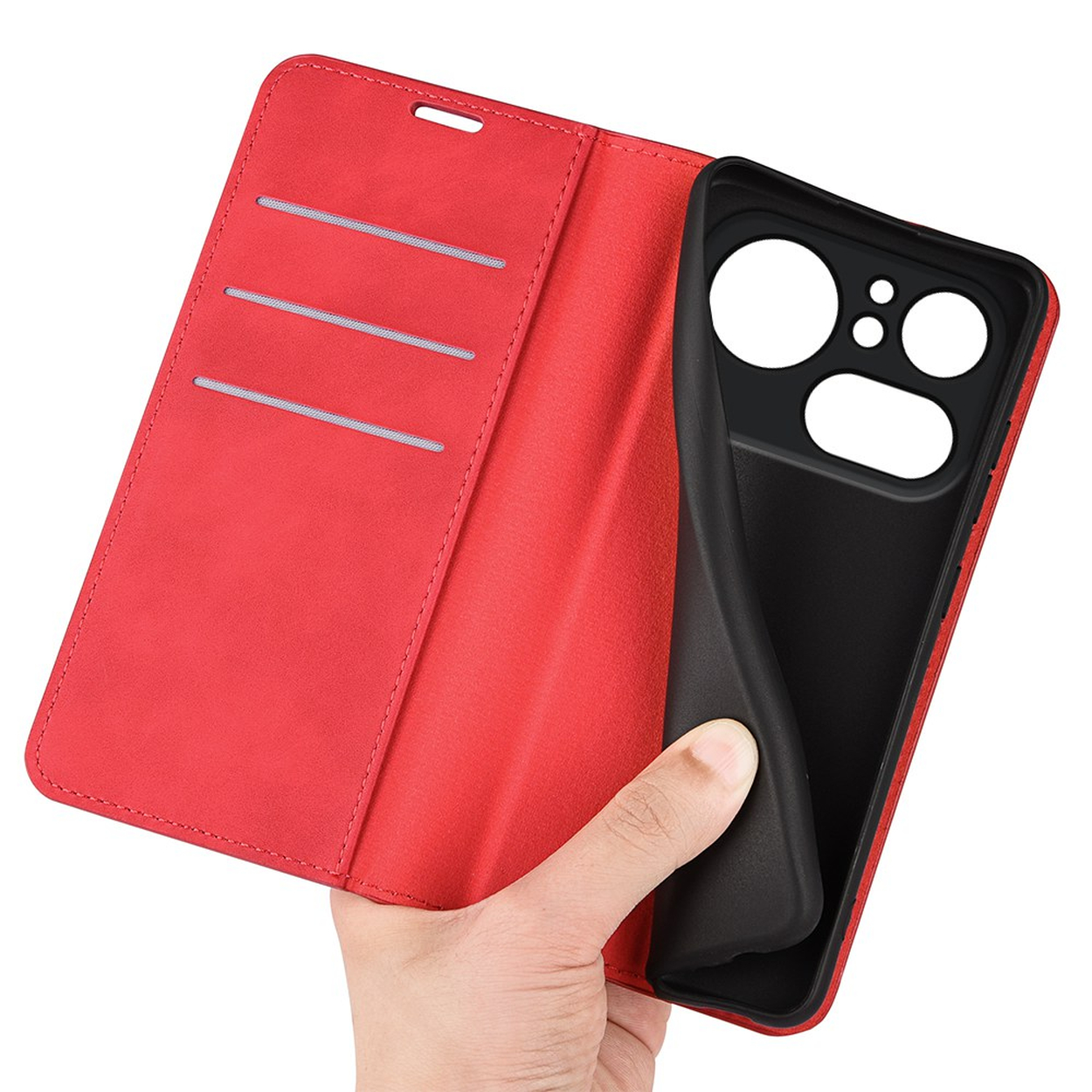 Étui portefeuille rouge pour téléphone avec fentes pour cartes et support noir.