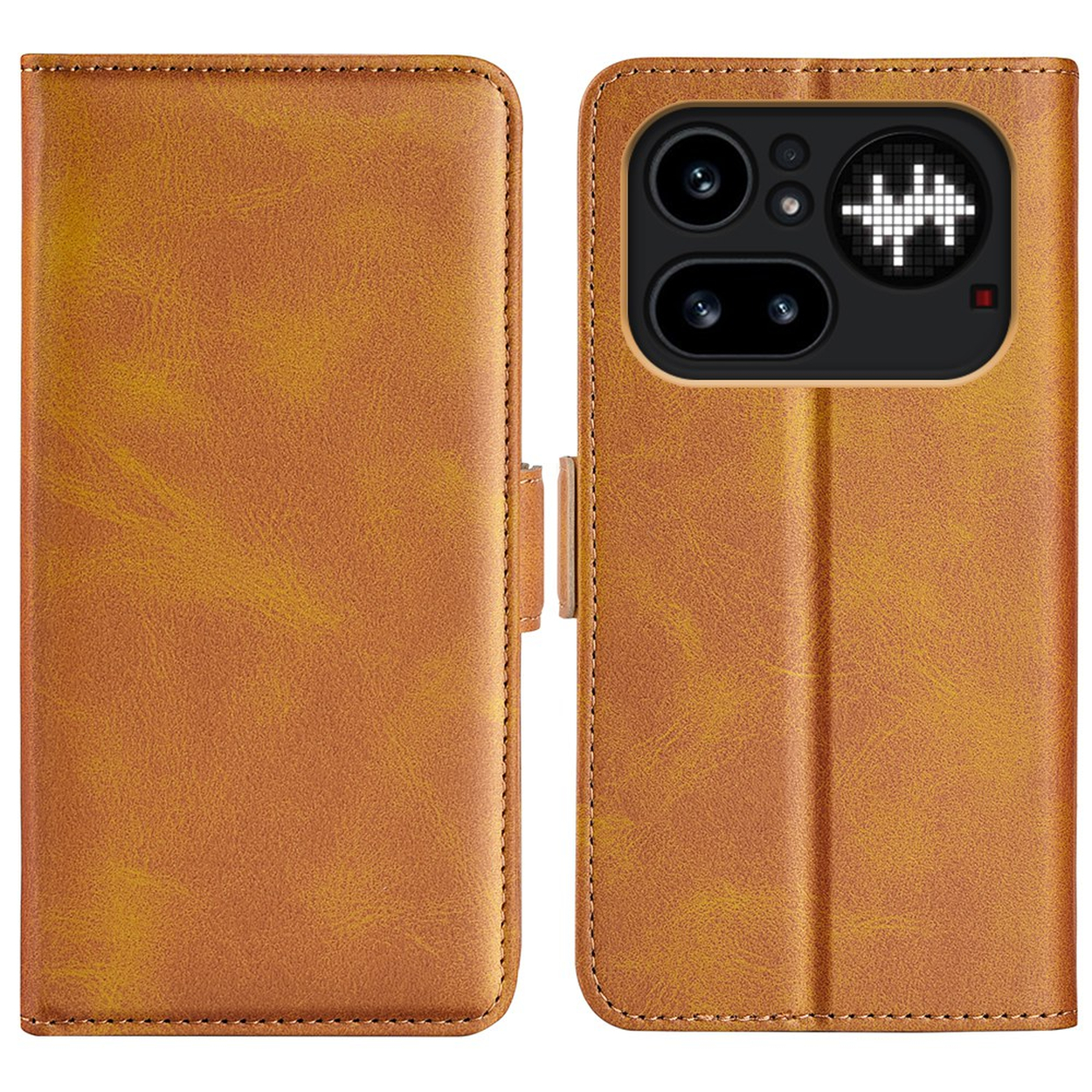 Étui de téléphone en cuir marron, ouvert, montrant la caméra et l'écran.