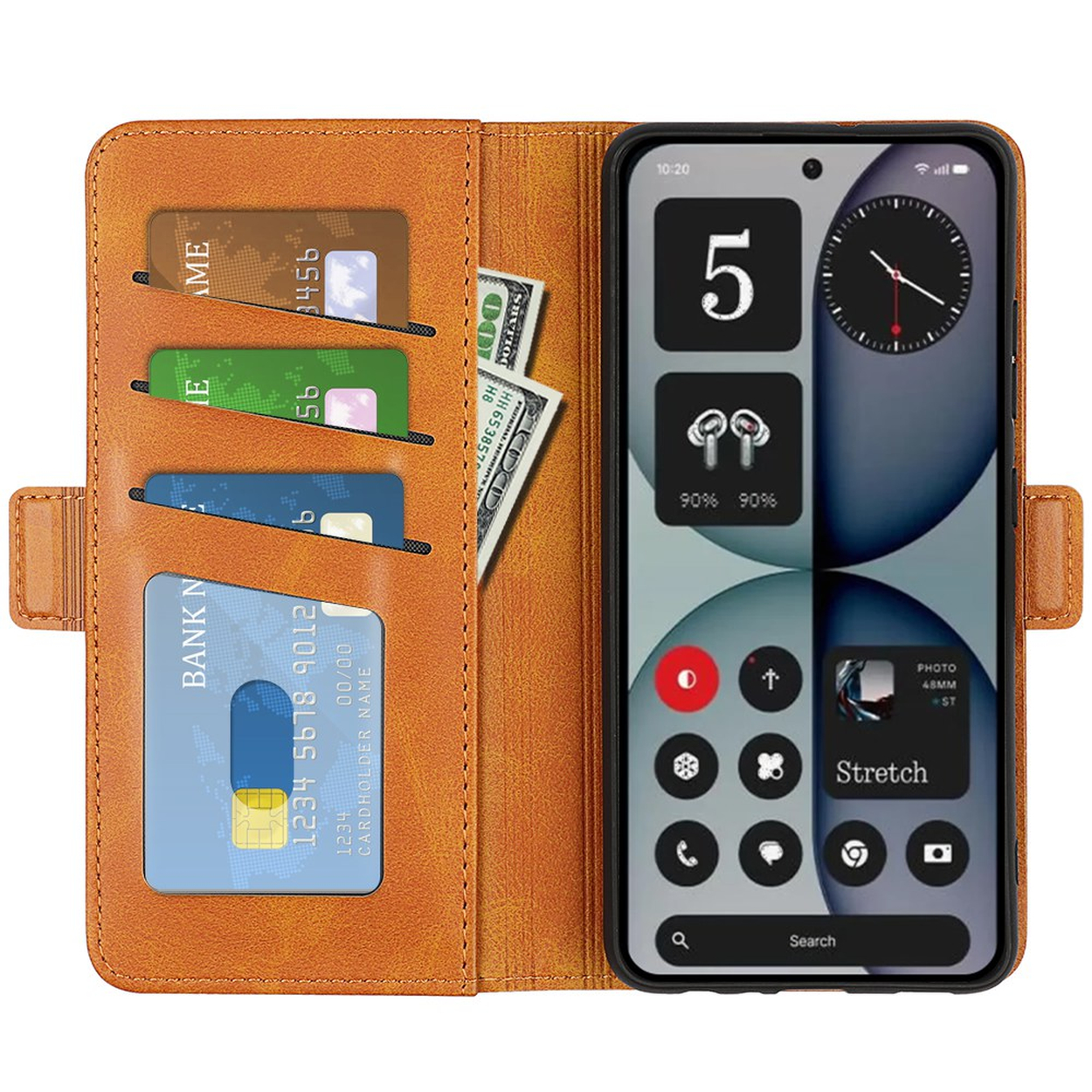 Un étui portefeuille en cuir marron avec des fentes pour cartes et de l'argent à côté d'un smartphone.