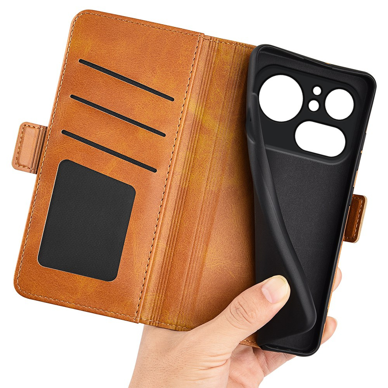 Étui portefeuille en cuir marron avec fentes pour cartes.