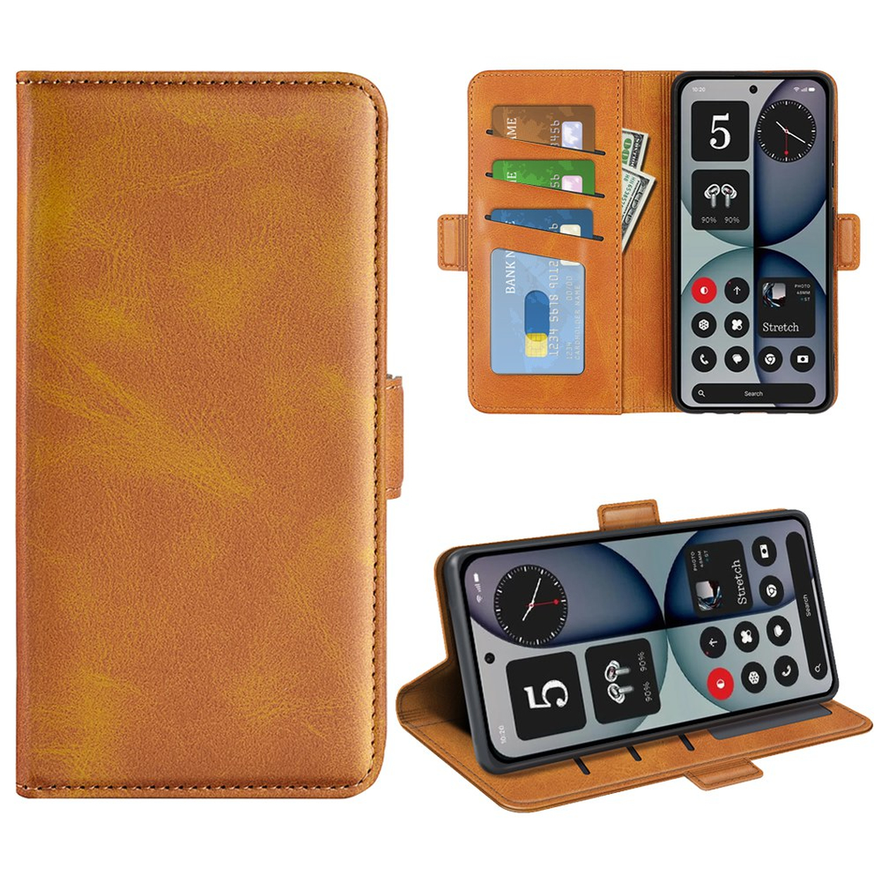 Un étui portefeuille en cuir marron pour téléphone avec fentes pour cartes et argent.