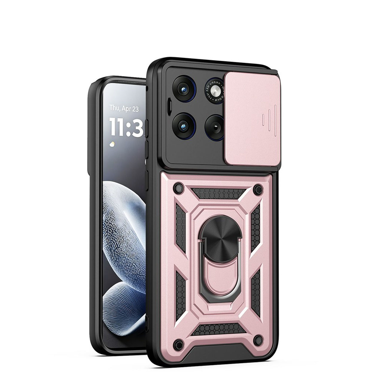 Coque de téléphone or rose avec cache-objectif et bague support.