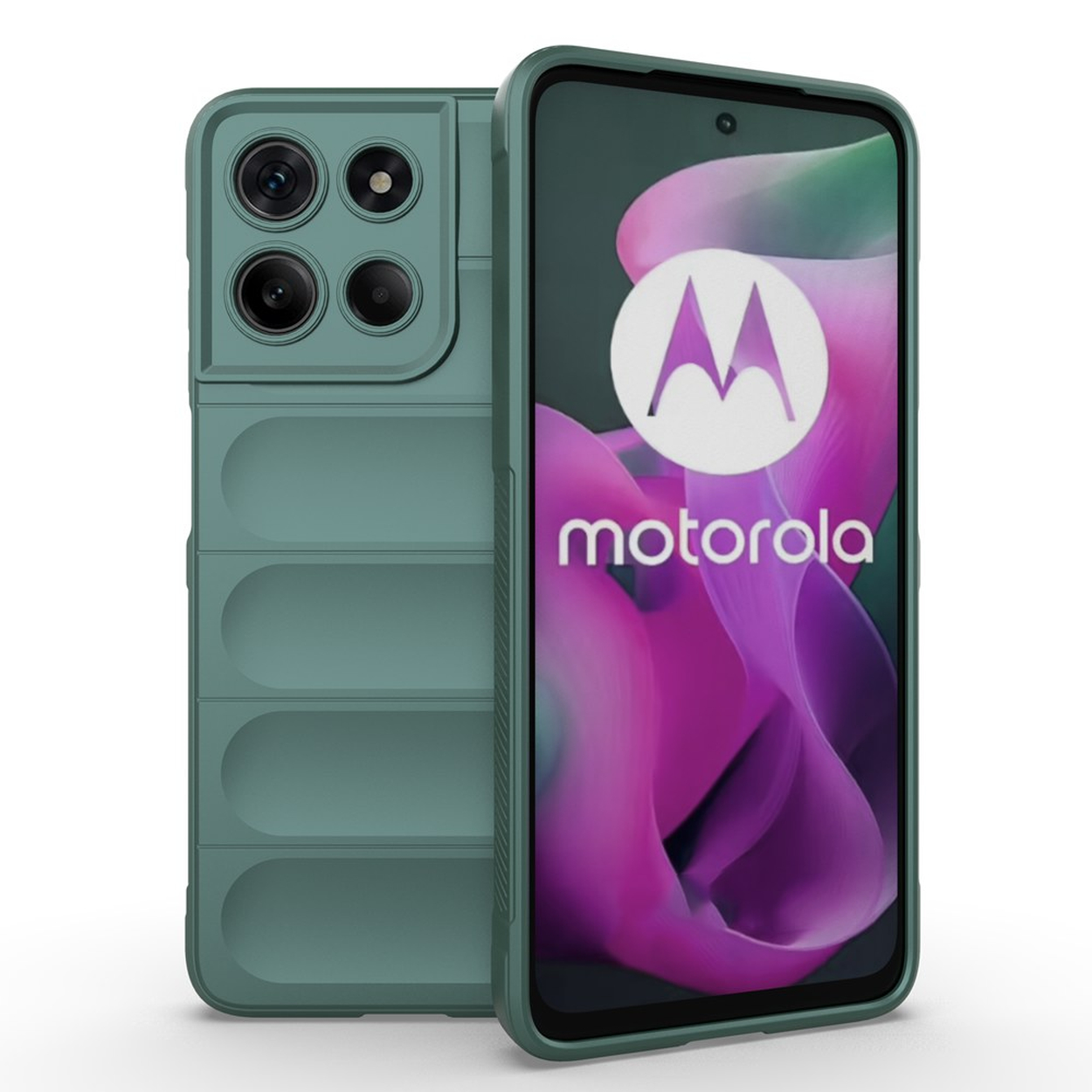 Une coque de téléphone turquoise avec quatre caméras à l'arrière et un logo Motorola sur l'écran.