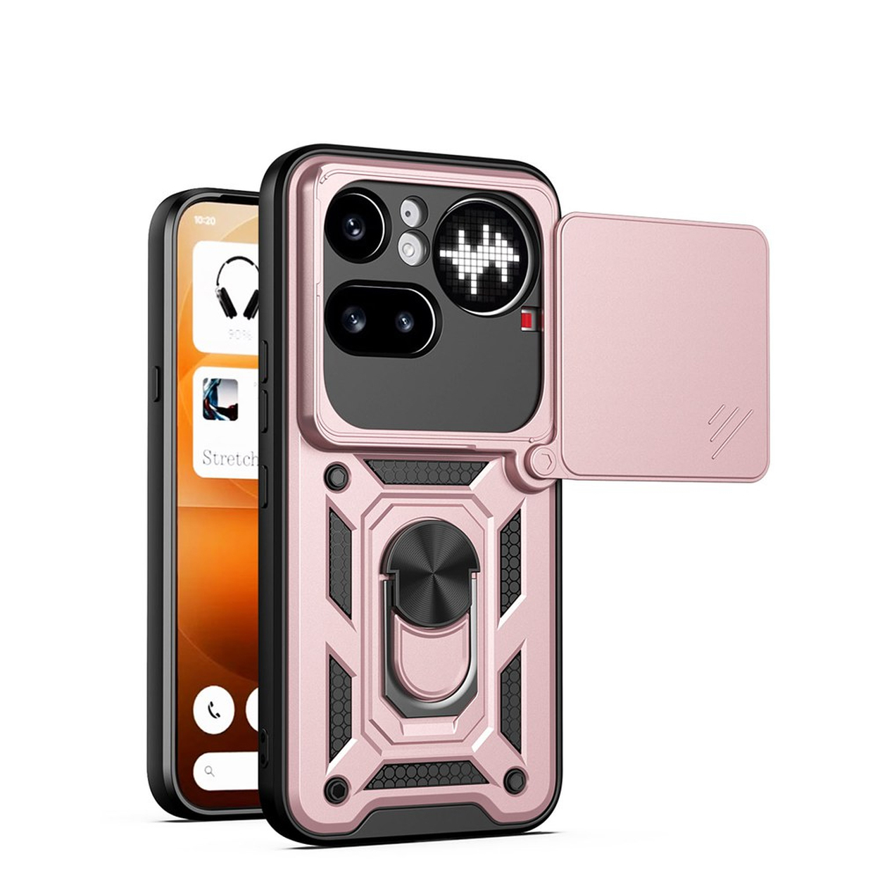 Coque téléphone rose gold avec cache appareil photo, support bague et écran.