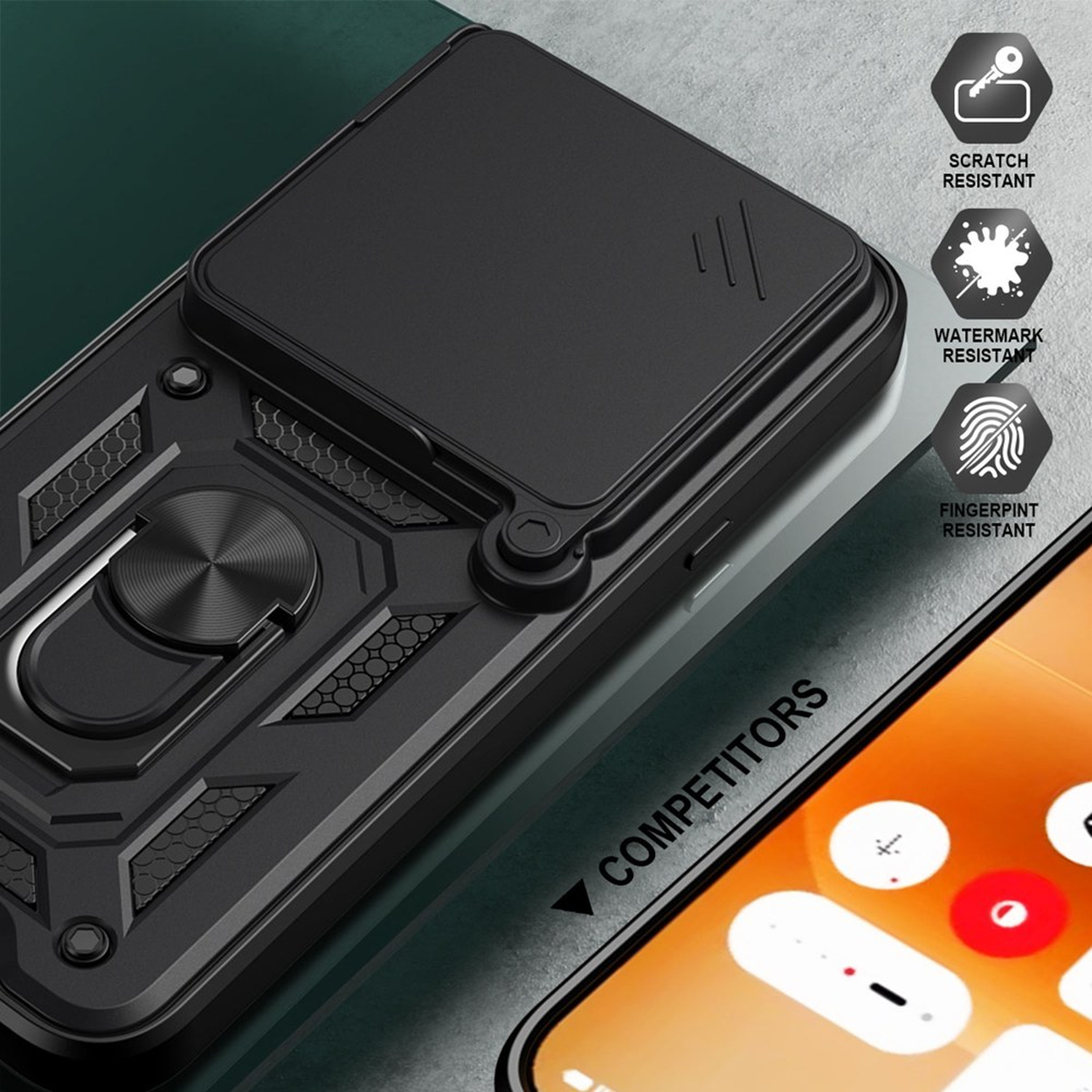 Coque de téléphone noire avec anneau et icônes de protection : anti-rayures, eau, empreintes.
