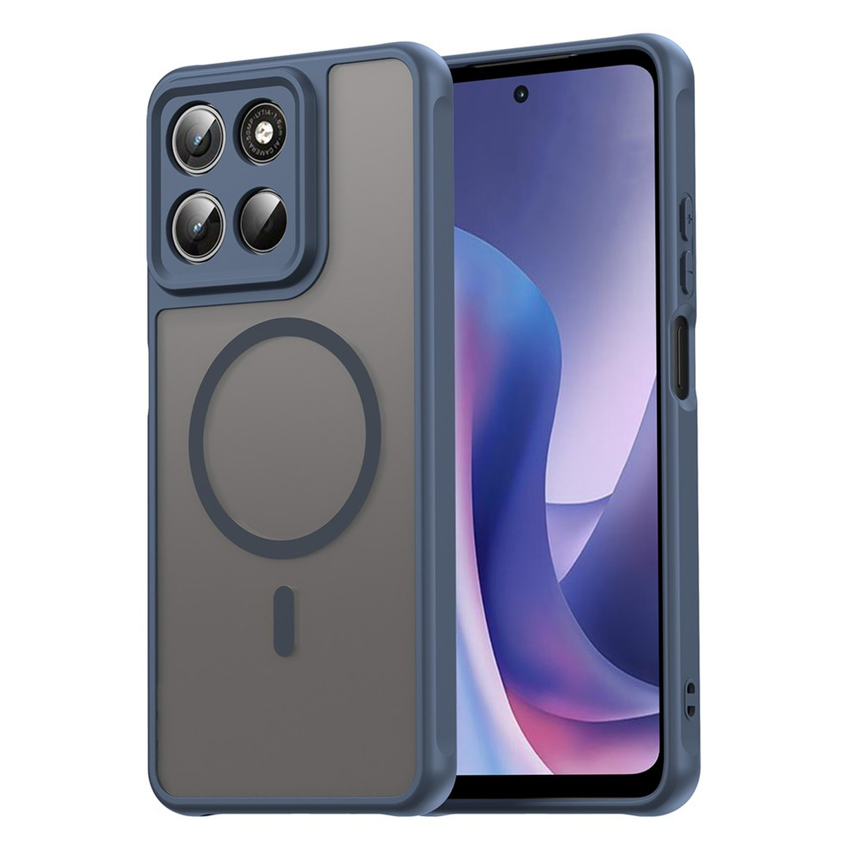 Telefoonhoesje met cameralenzen en magneetring in blauw en grijs.