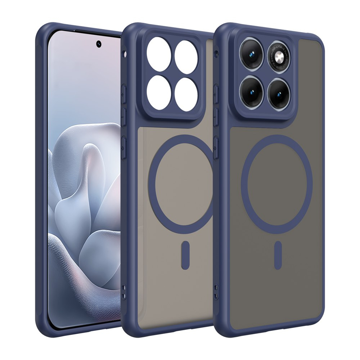 Twee blauwe telefoonhoesjes met doorzichtige achterkant en magneetringen.