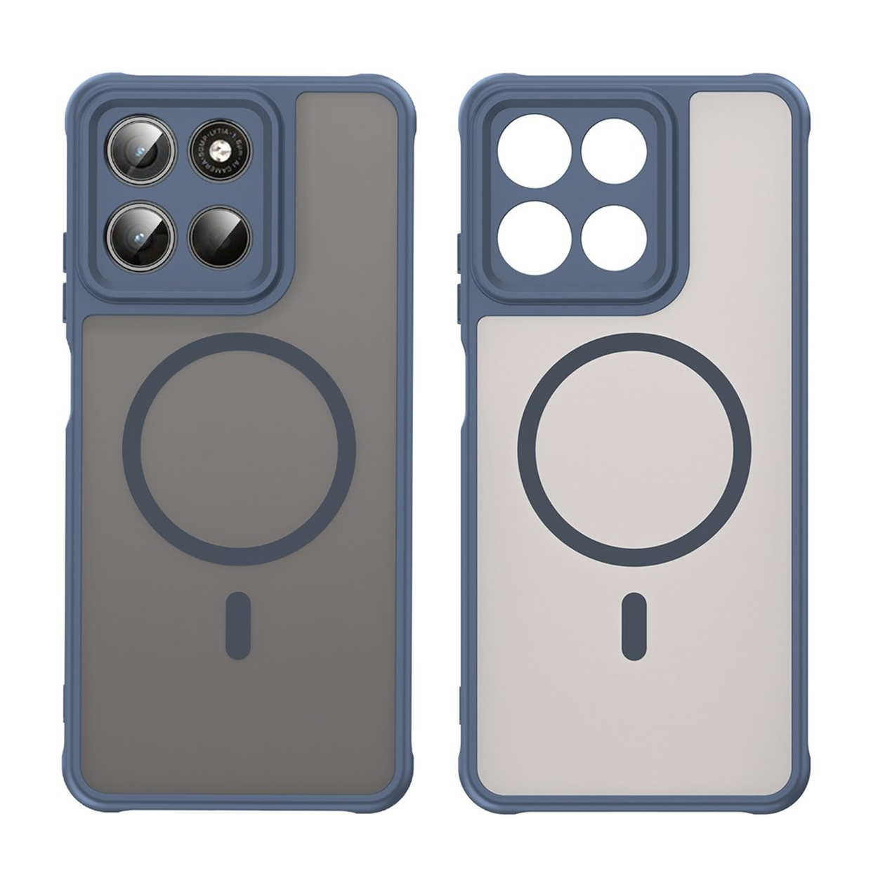 Twee telefoonhoesjes, één met cameralenzen, beide blauw omrand, met magneetring.