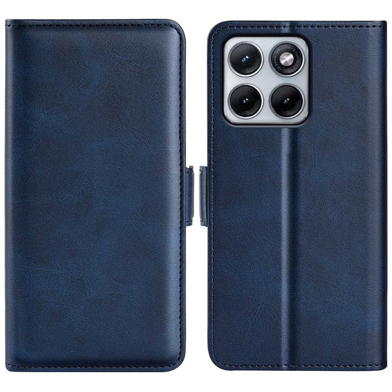 Étui de téléphone bleu foncé style portefeuille, ouvert avec quadruple caméra à droite.