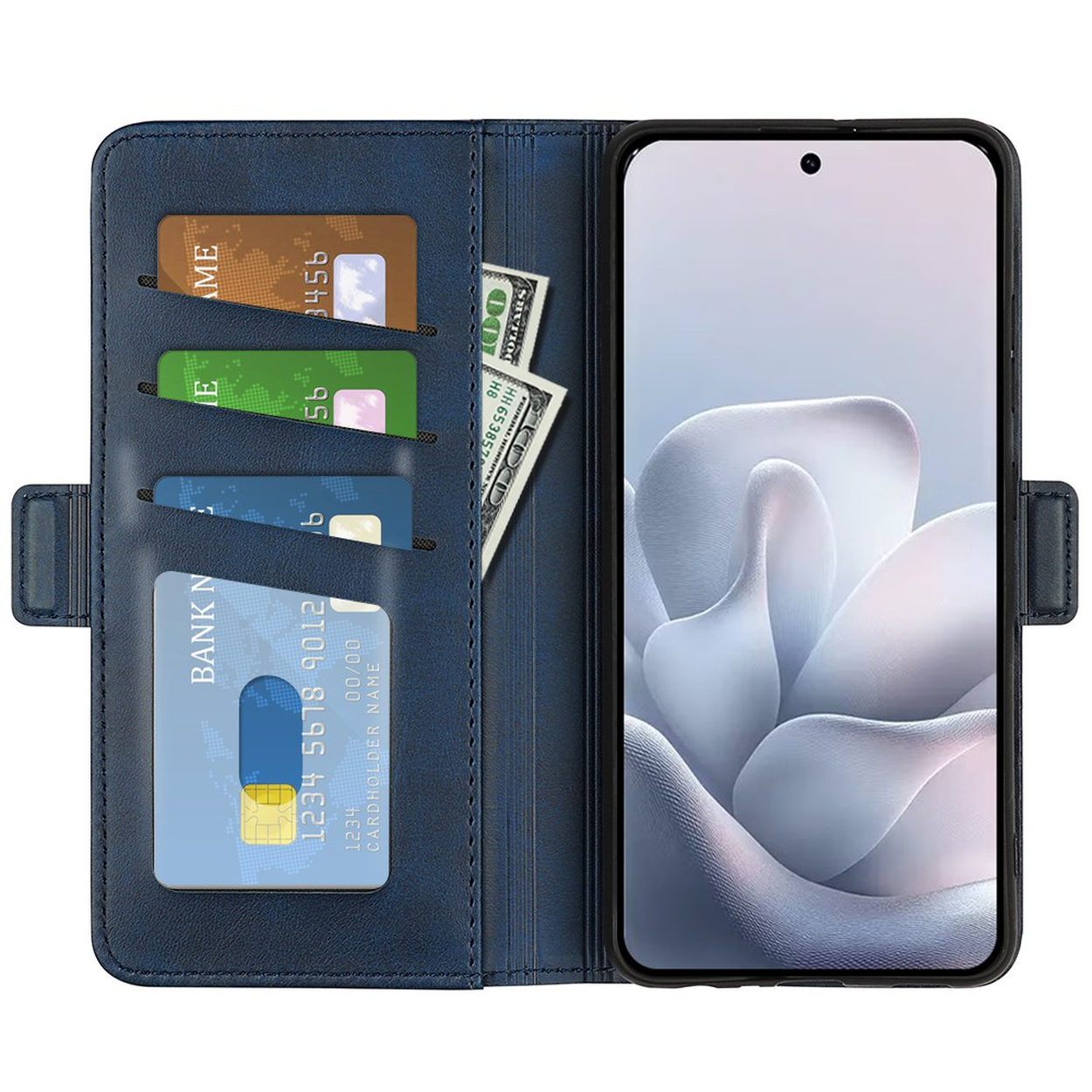Portefeuille bleu avec emplacement pour téléphone, fentes pour cartes et billets.