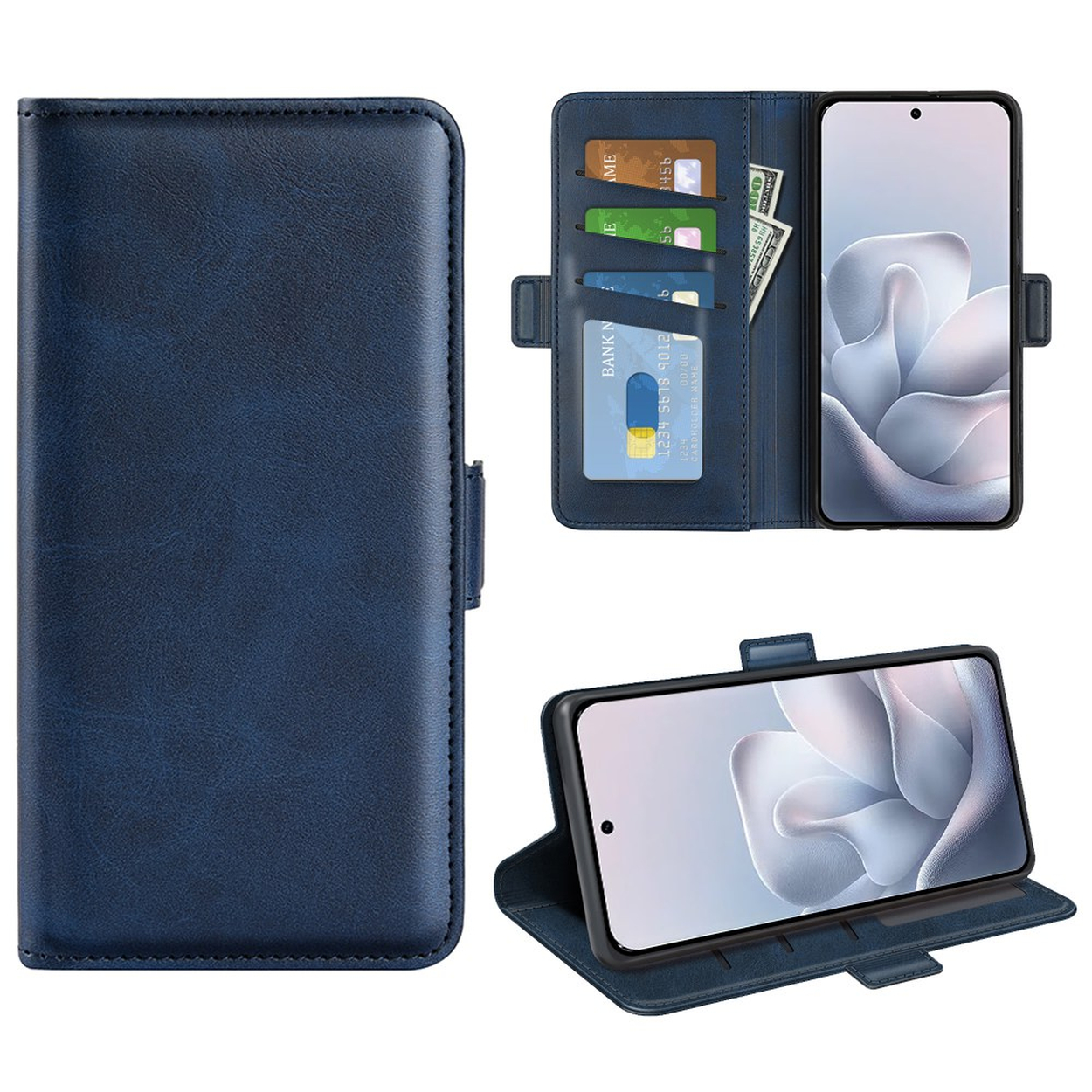 Étui de téléphone bleu avec fentes pour cartes et compartiment à billets.