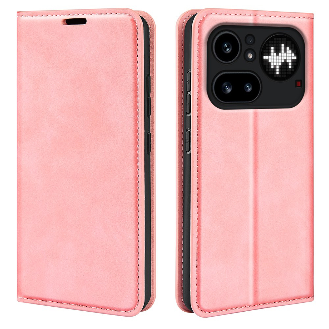 Un étui de téléphone rose style livre est montré de face et de côté.