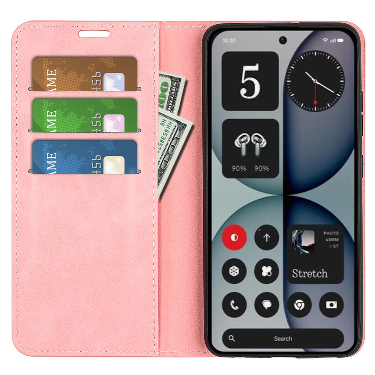Un étui de téléphone rose avec des fentes pour cartes et de l'argent repose à côté d'un smartphone.