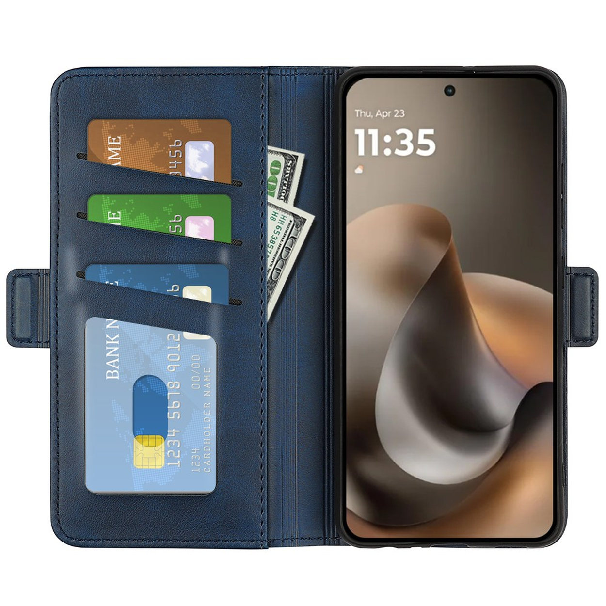 Blaue Brieftasche mit Handy, Karten und Geldscheinen.
