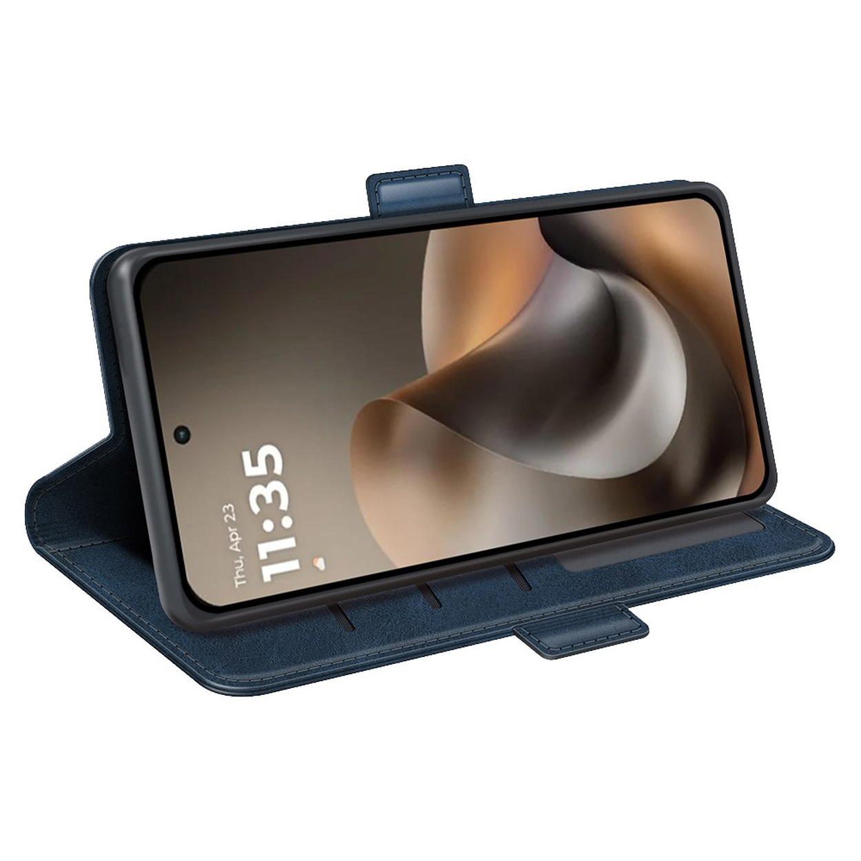 Blaues Handy-Flipcase mit offenem Bildschirm, das die Uhrzeit anzeigt.