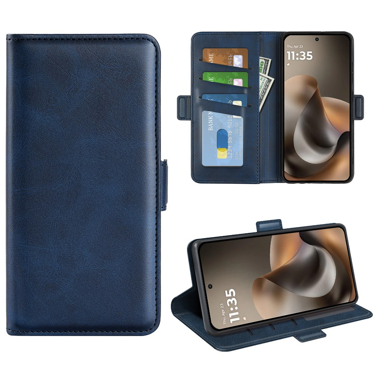 Dunkelblaue Handyhülle mit Kartenfächern und Telefonansicht.