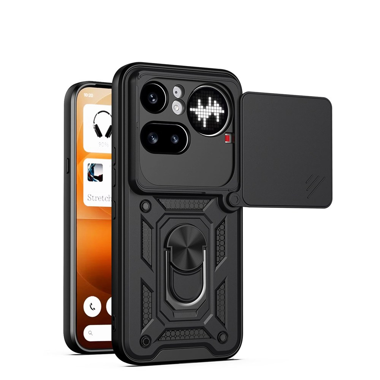 Téléphone noir avec étui de protection et support bague. L'écran affiche des écouteurs.