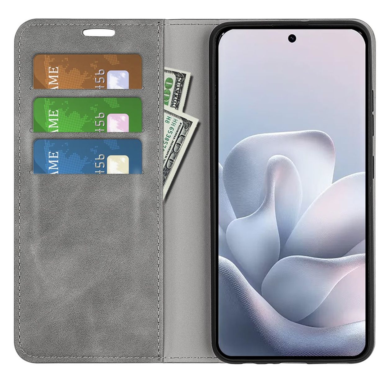 Grijze portemonoehoes met creditcards en dollarbiljetten naast een smartphone.