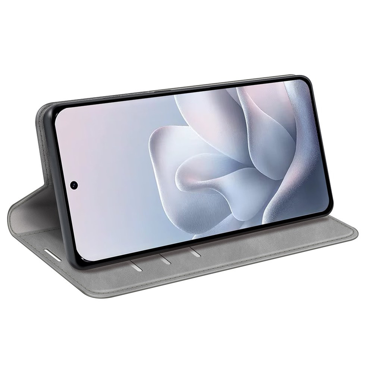 Grijze flipcase voor telefoon met smartphone die abstracte grafiek toont op scherm.