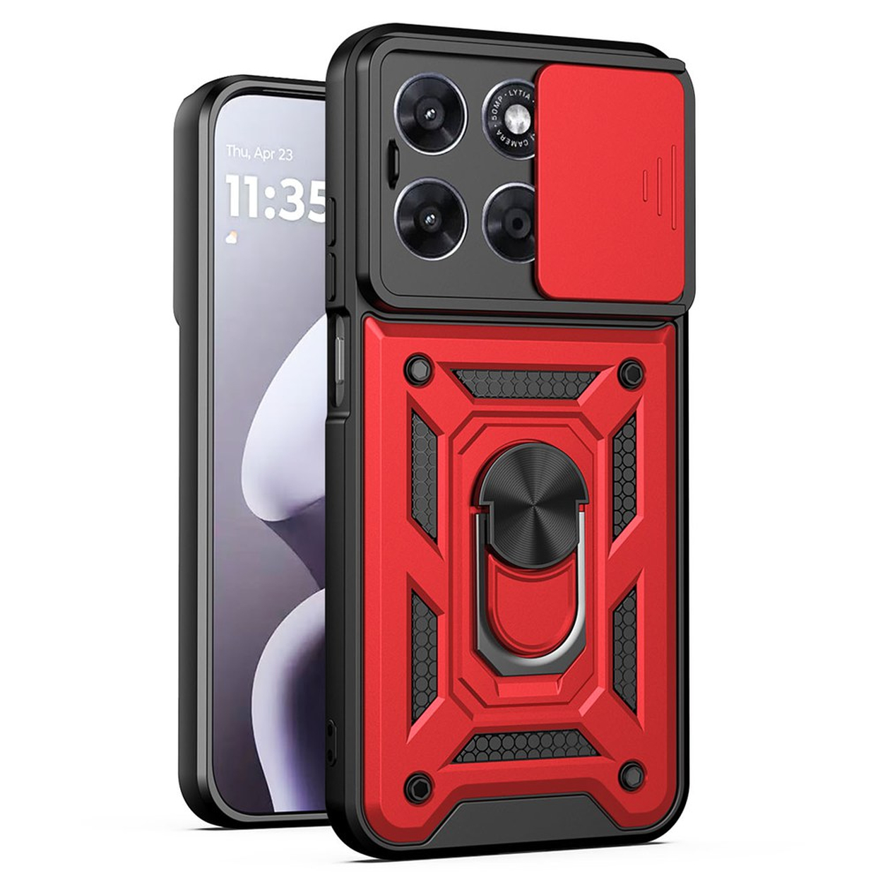 Coque de téléphone rouge et noire avec curseur de couverture de caméra et support bague.